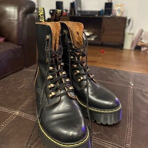 Dr. Martens Black Leather Boots LEONA with Yellow Stitching